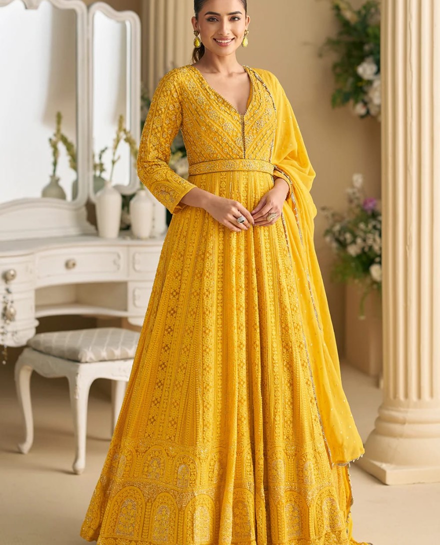 YELLOW - Yellow Chikankari Embroidered Wedding Festive Anarkali Gown
